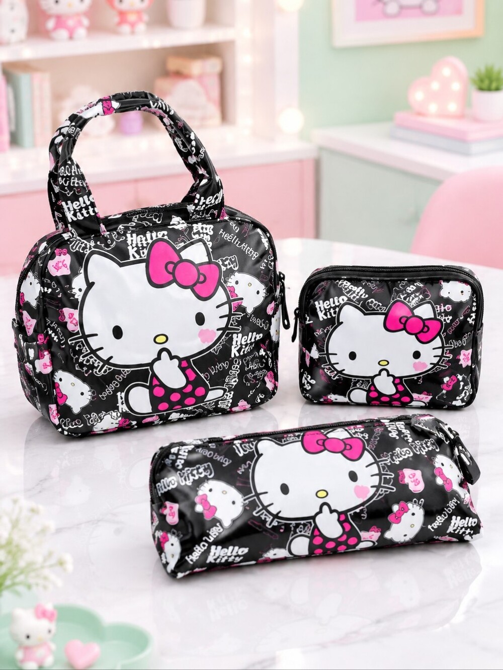 Hello Kitty 3Pc Bag Set Black Pink Purse Pencil Case Mini Bag Sanrio Kawaii